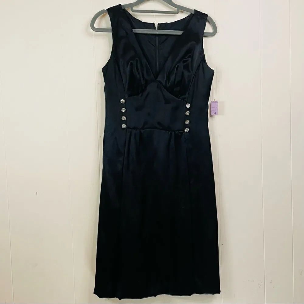 Vintage 60’s Black Satin Cocktail Dress Rhinestone Buttons Size 10